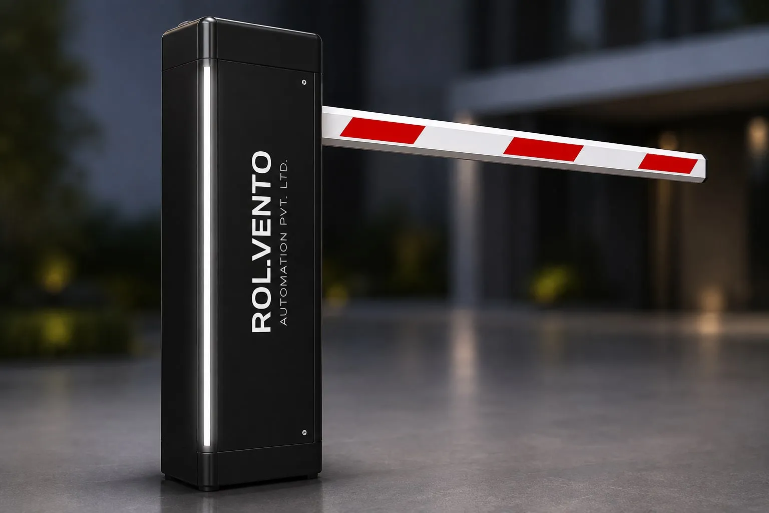 A Rollvento boom barrier controlling vehicle access at a building entrance